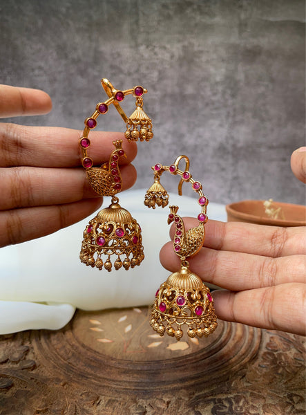 Simple ruby peacock jhumkas with ear cuff