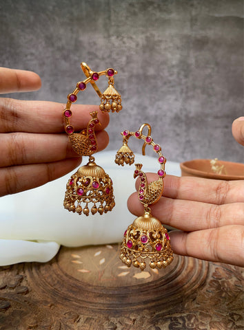 Simple ruby peacock jhumkas with ear cuff