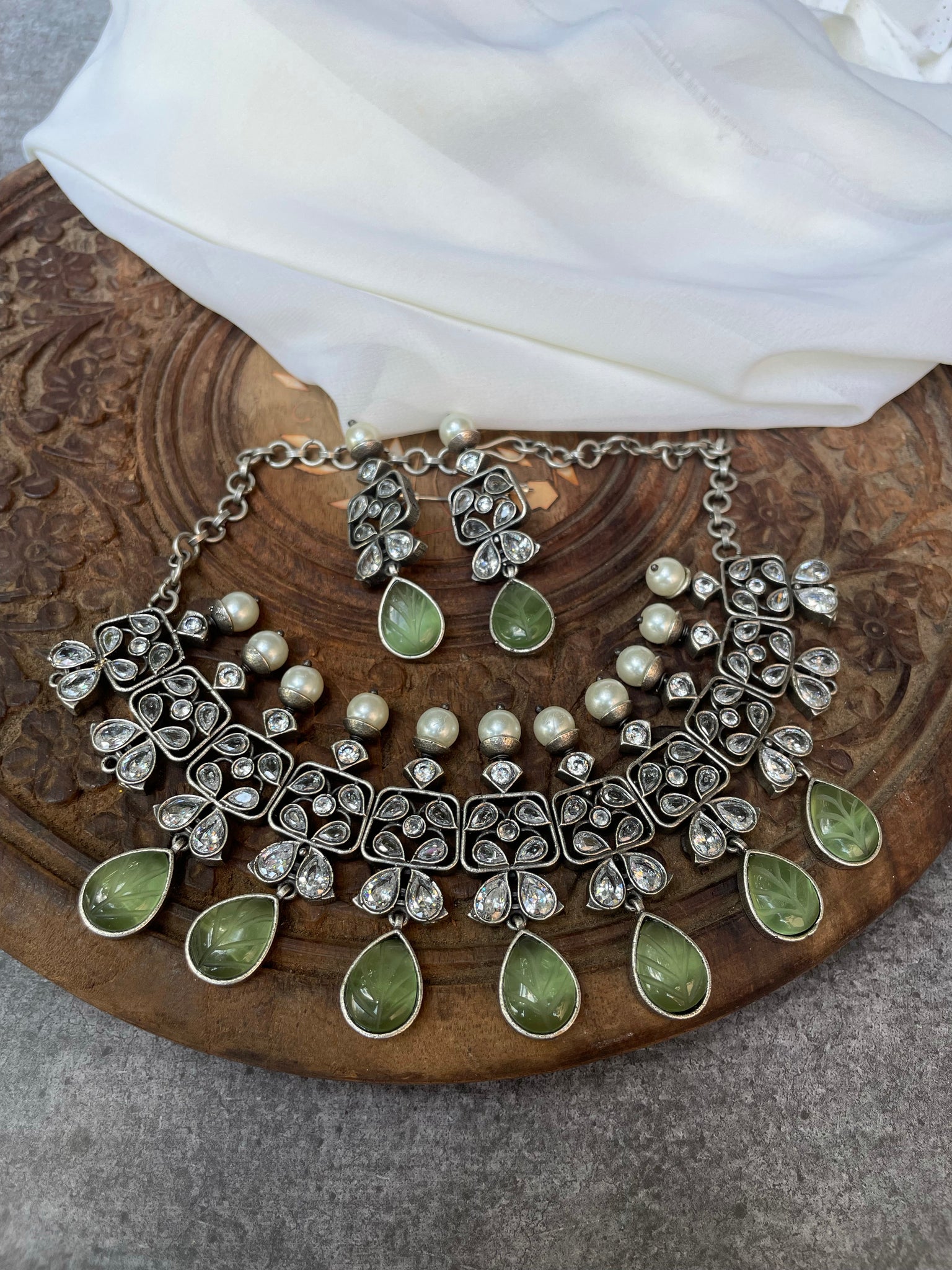 Carved stone oxidised necklace with earrings