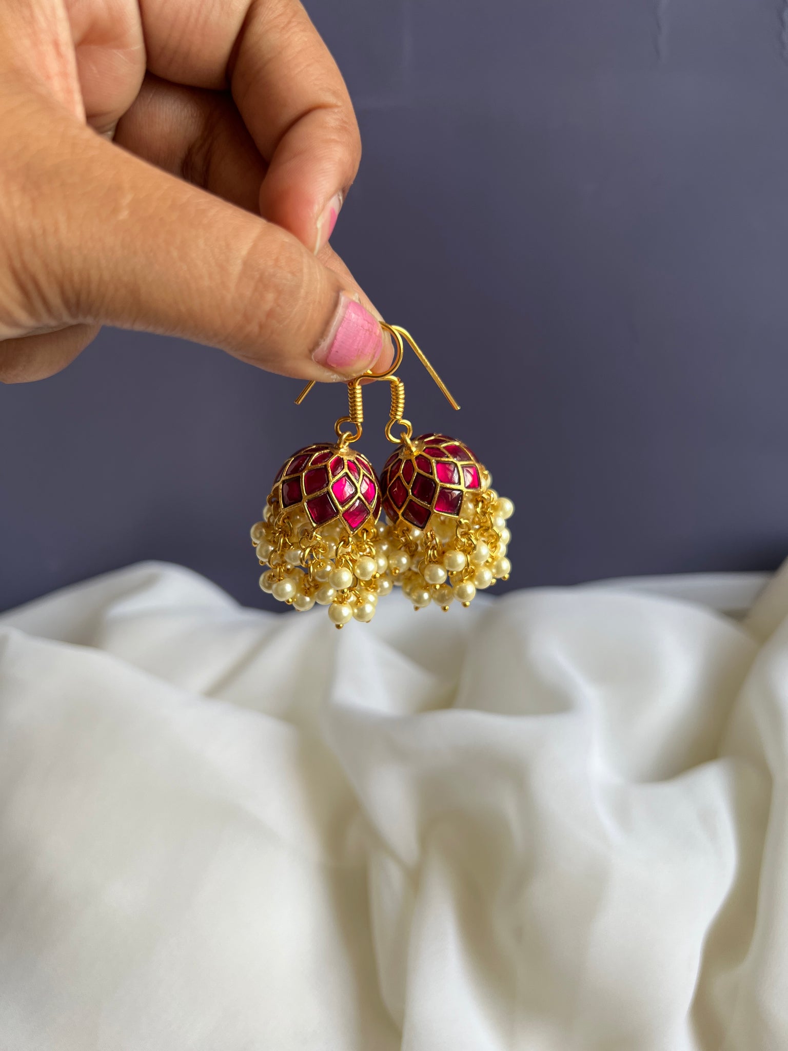Kundan hook Jhumkas with pearl work