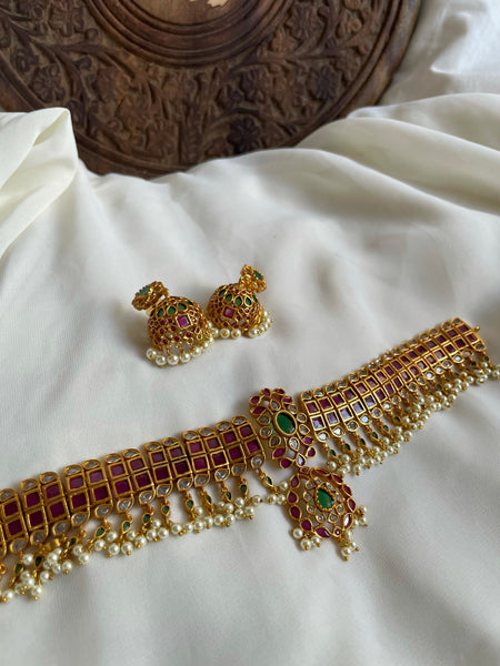 Regal square kemp stone choker with Jhumka