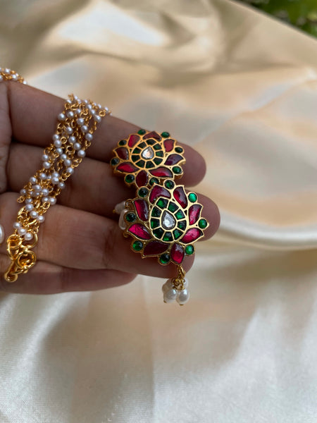 Kundan lotus pendant with cluster Pearl maala and studs