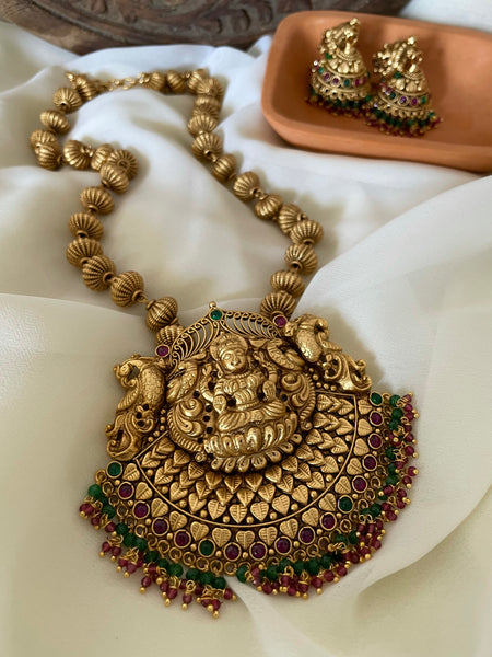 Antique temple necklace with Lakshmi jhumkas