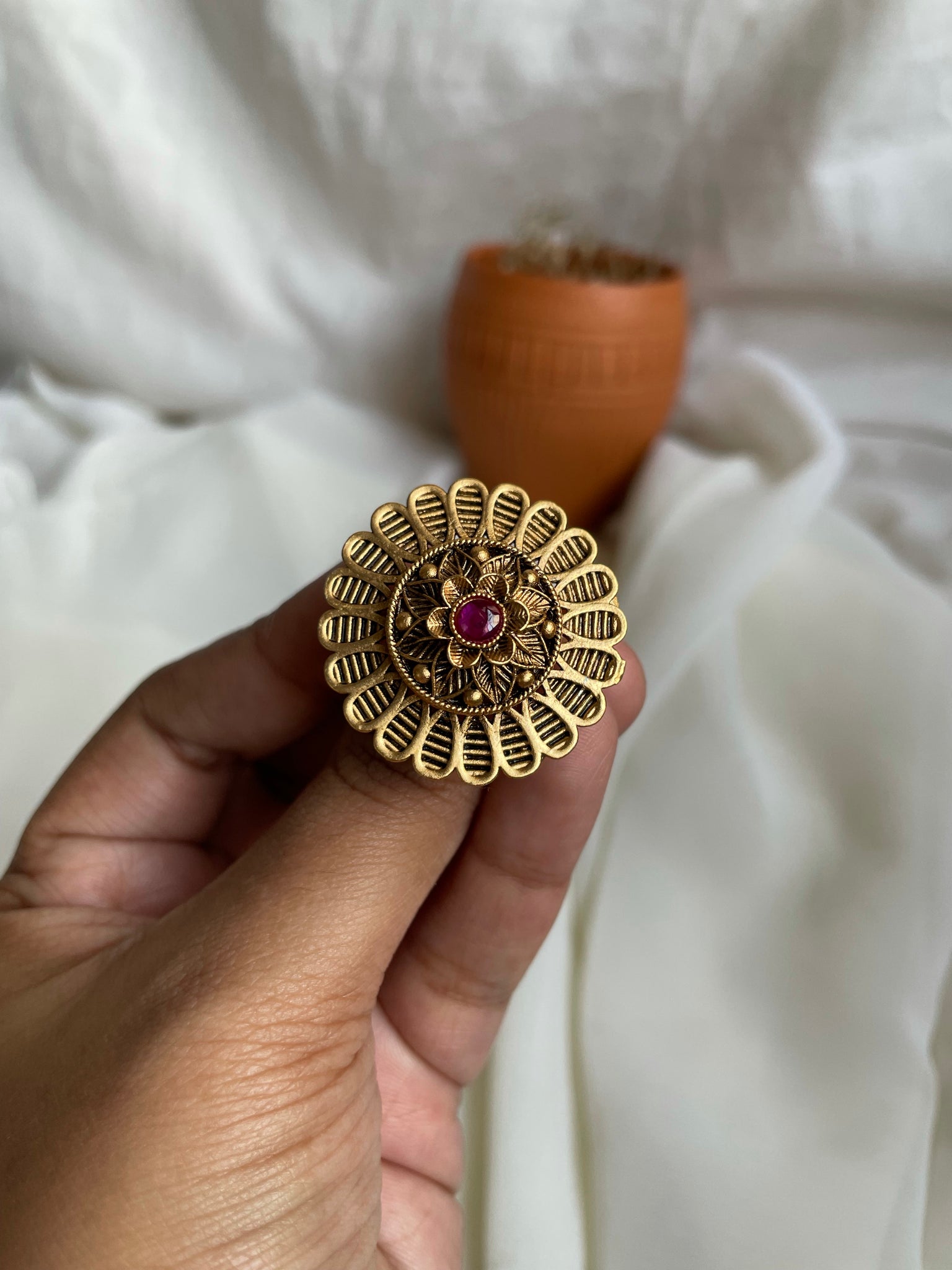 Ruby flower antique adjustable ring