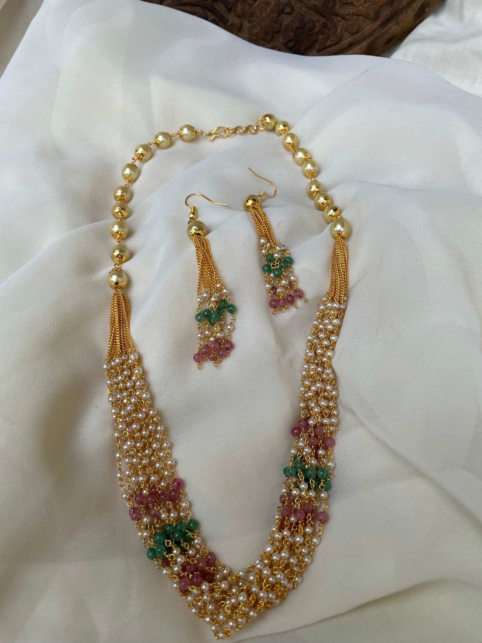 Multi color Pearl maala with earrings - 8/12/14 layer