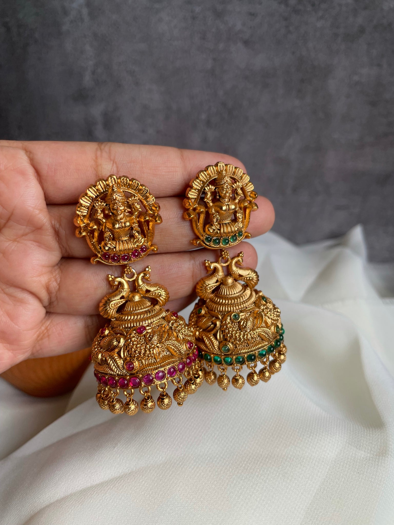 Lakshmi Temple Work Gold Plated Jhumka - Glitterati by Alankriti - 2709901