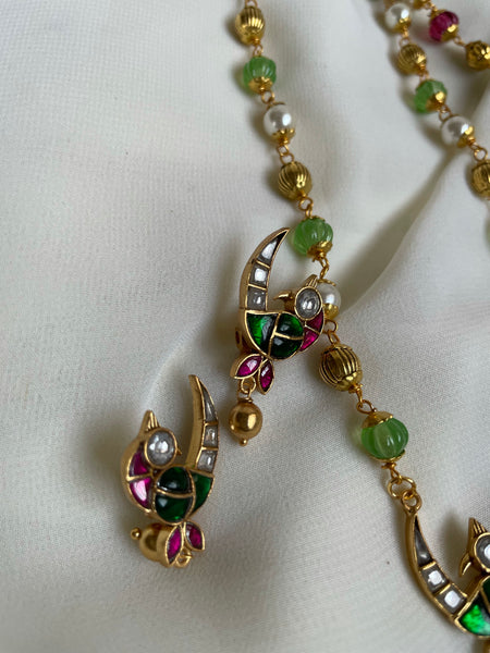 Kundan bird Lakshmi pendant in maala with studs
