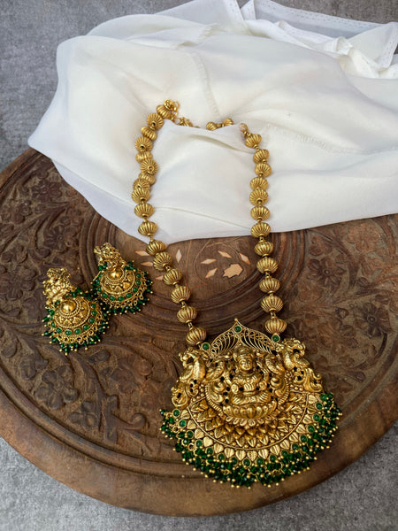 Antique temple necklace with Lakshmi jhumkas