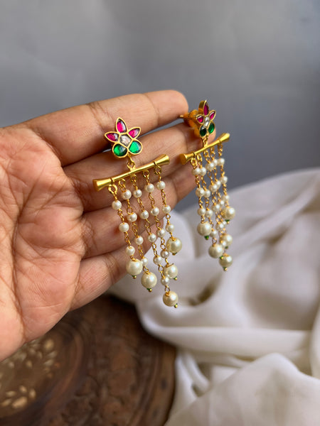 Kundan flower Pearl danglers