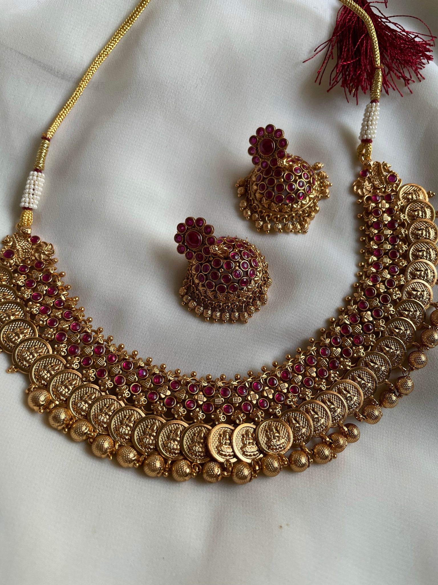 Ruby kemp bridal coin necklace with Jhumkas