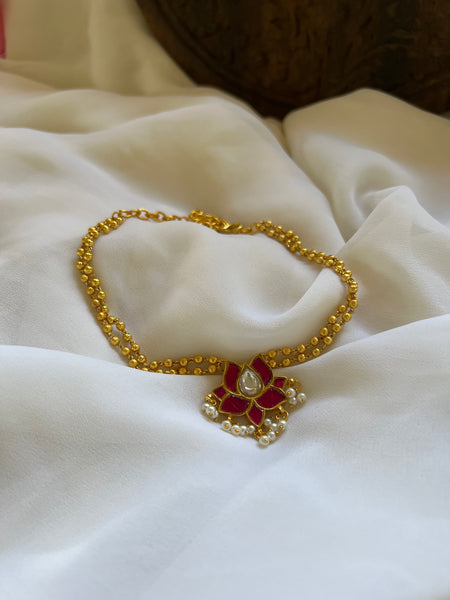 Delicate Kundan lotus pendant necklace