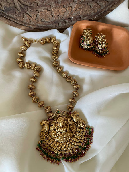 Antique temple necklace with Lakshmi jhumkas