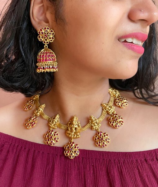 Lakshmi kemp flower necklace with jhumkas