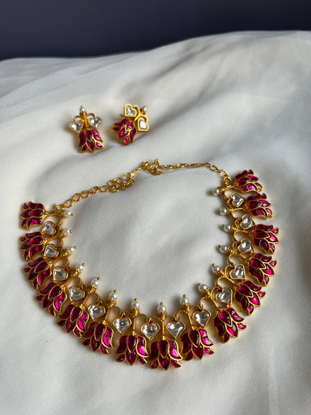 Kundan lotus necklace with studs