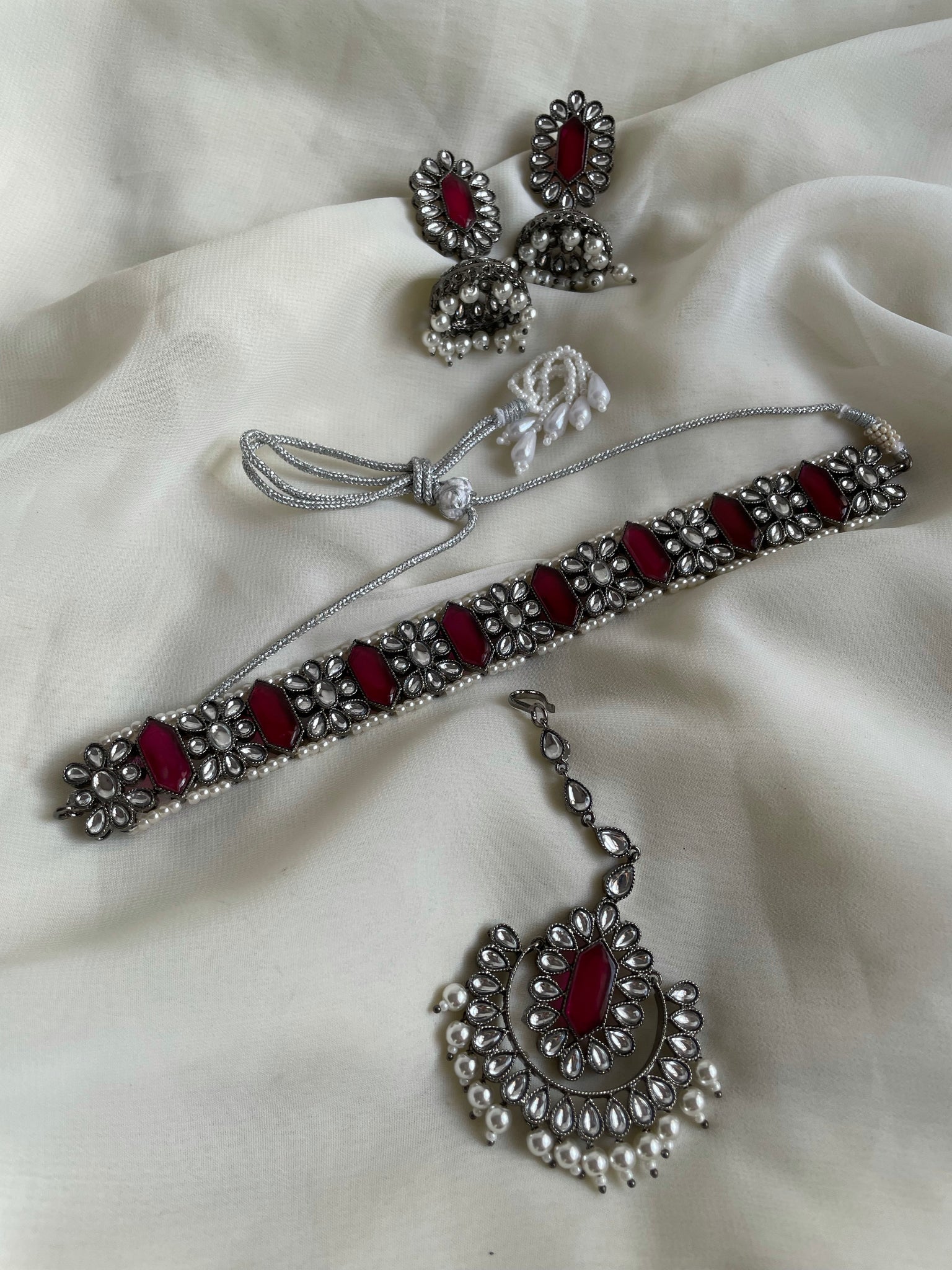 Rhodium finish ruby choker bridal set