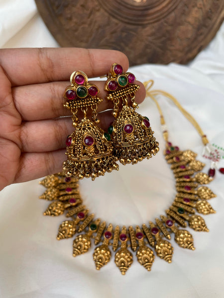 Ruby antique gold like necklace with Jhumkas