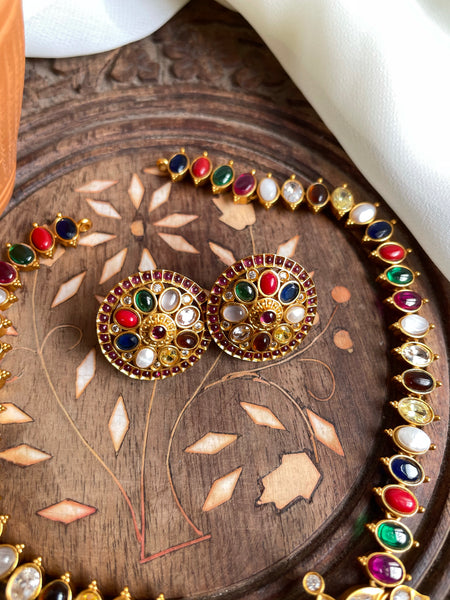 Navaratna attigai with cutwork pendant and studs