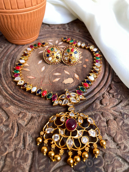 Navaratna attigai with cutwork pendant and studs