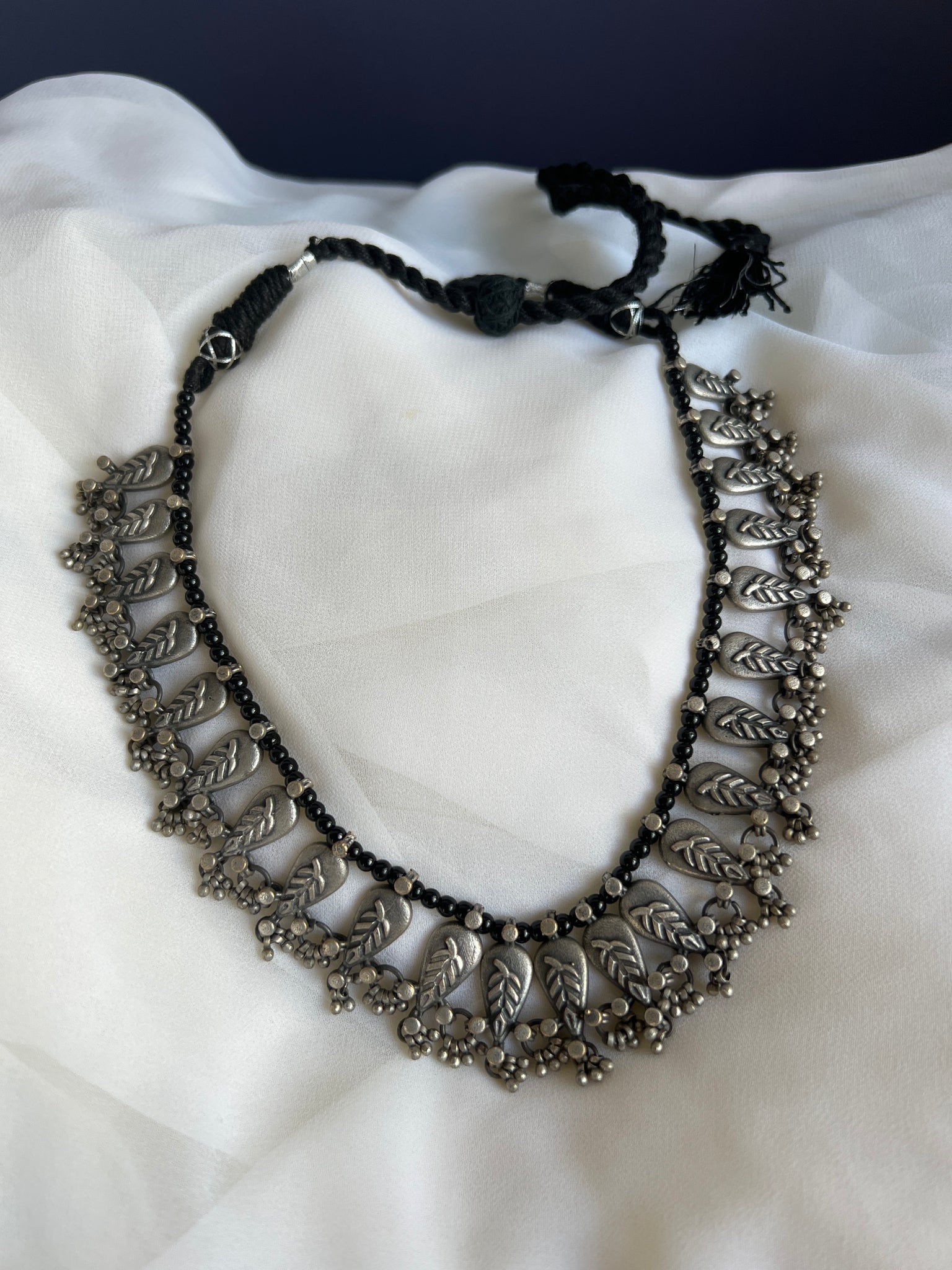 Oxidised leaf black bead necklace with earrings