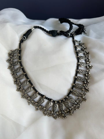 Oxidised leaf black bead necklace with earrings