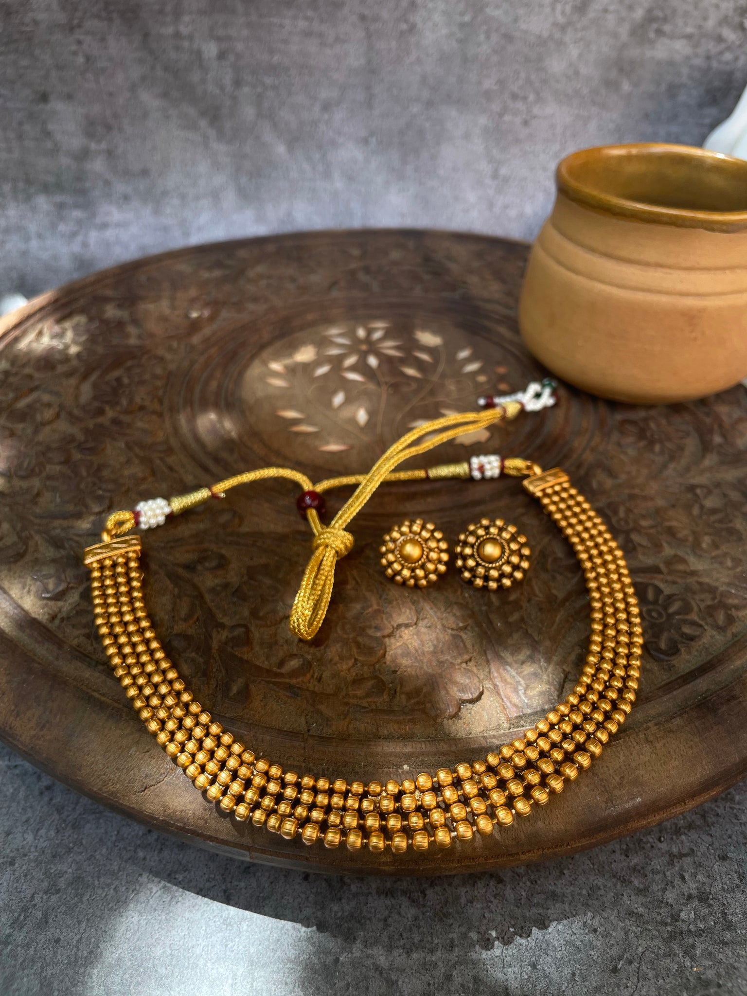 Matte golden ball necklace with studs (2 sizes )