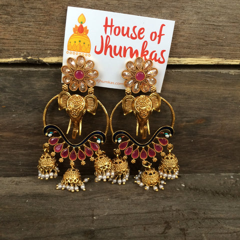 3D elephant polki jhumkas (2 Colors)