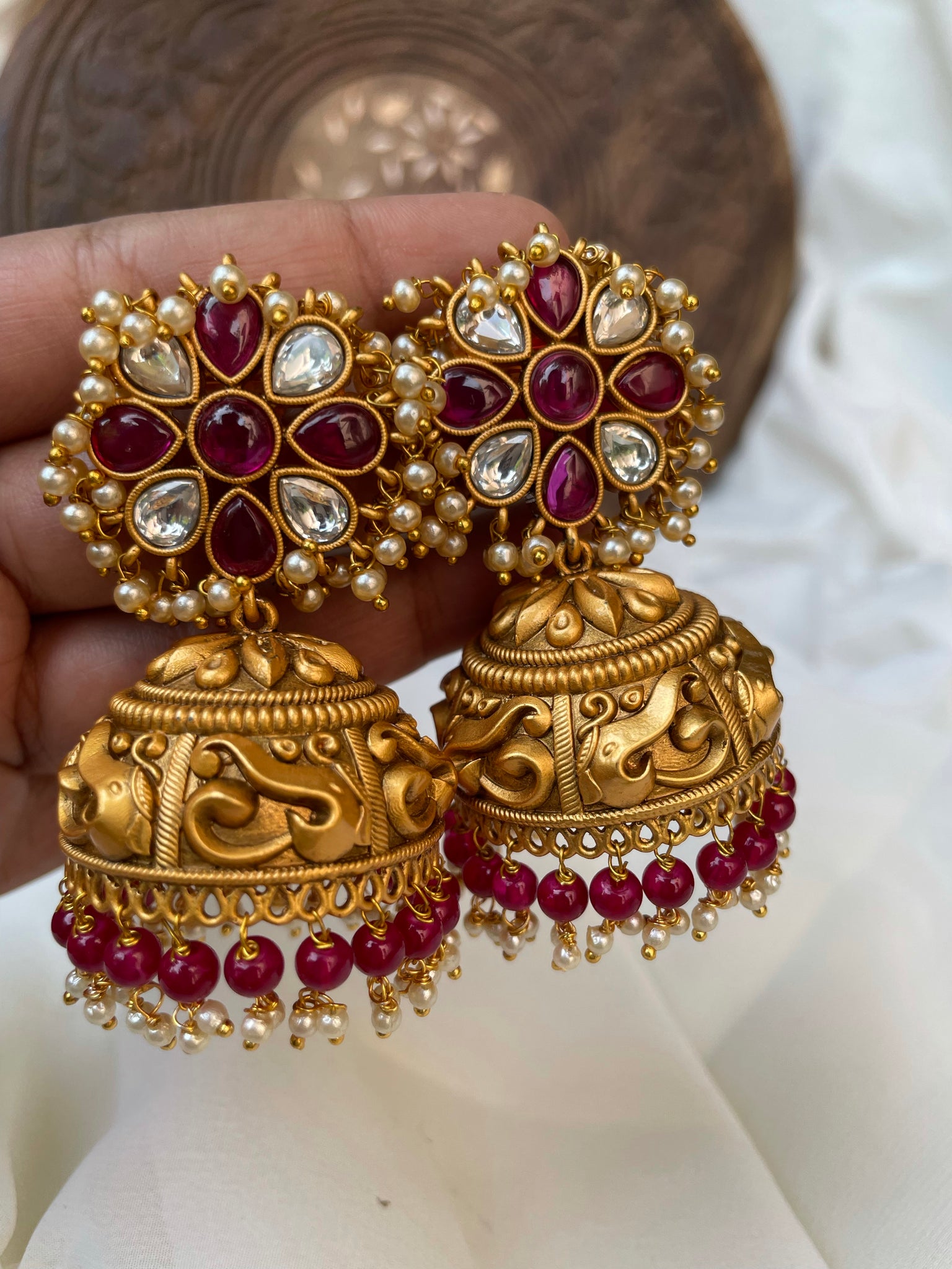 Kemp flower Matte Jhumkas with bead work- 5 Colors