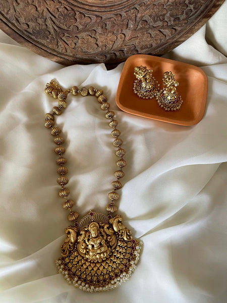 Antique temple necklace with Lakshmi jhumkas