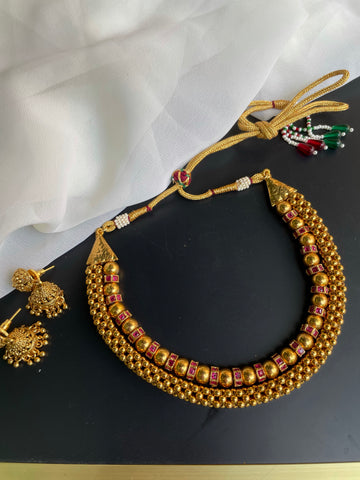 2 layer ruby Thushi necklace with Jhumkas
