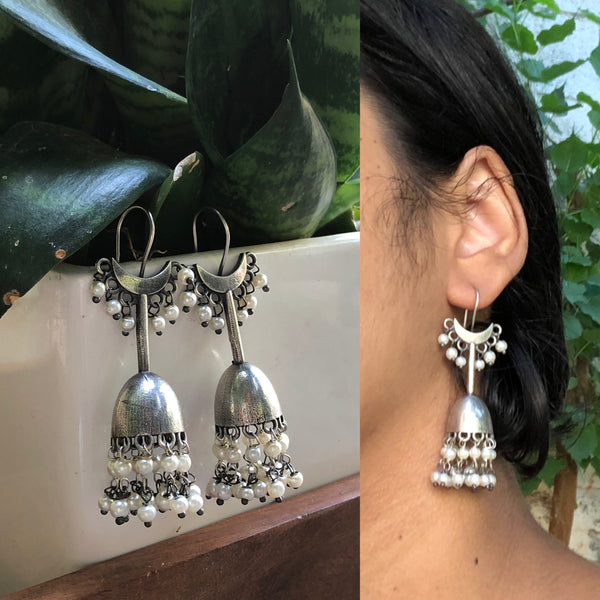 Pearl silver hook Jhumkas