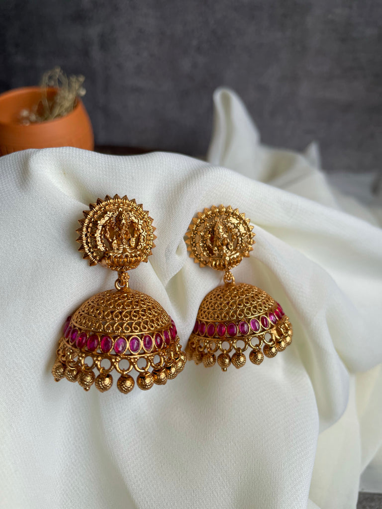 Celebrity Jadau Lakshmi Jhumkas with Dangling Beads | Shobitam Jewelry