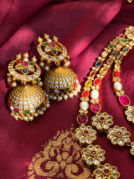 Tri-layer navaratna Haram with jhumkas