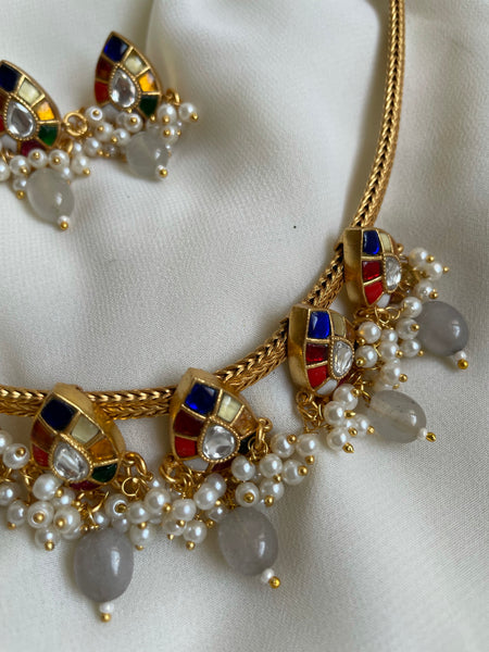 Navaratna Kundan tear drop necklace with grey beadwork