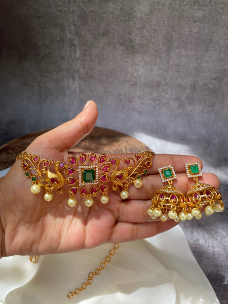 Square stone delicate choker with Jhumkas