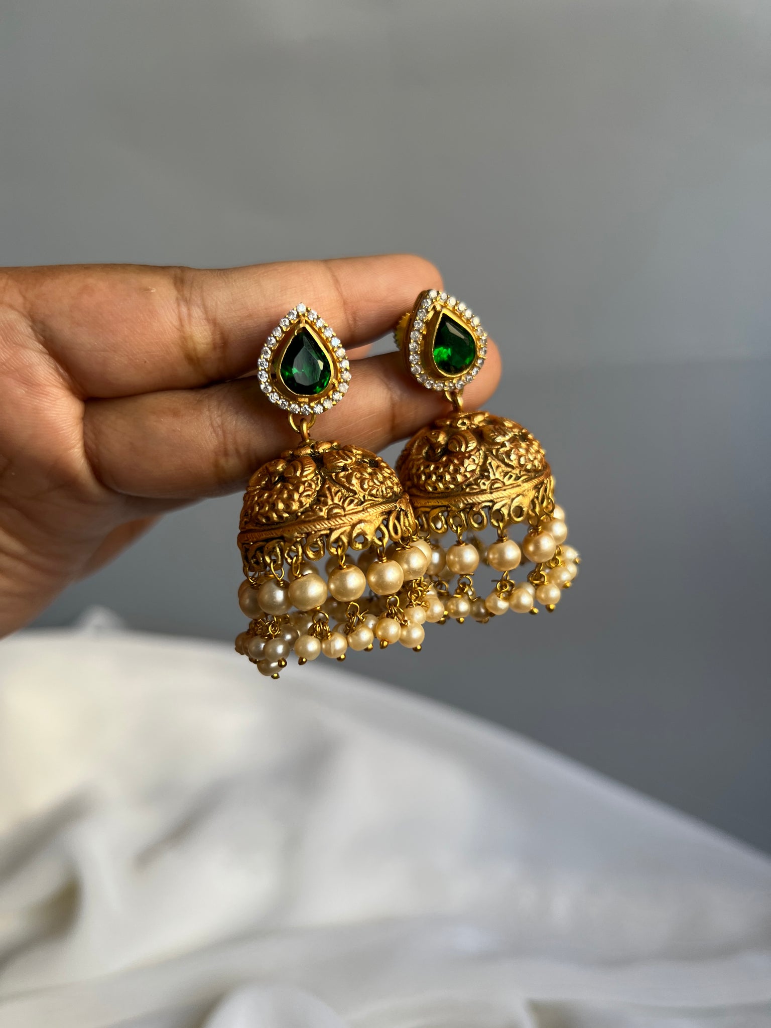 Moissante like emerald Jhumkas