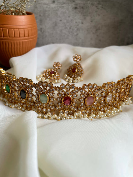 Navaratna high neck choker with studs