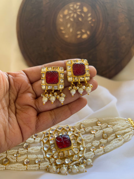 Carved Kundan stone polki choker with studs