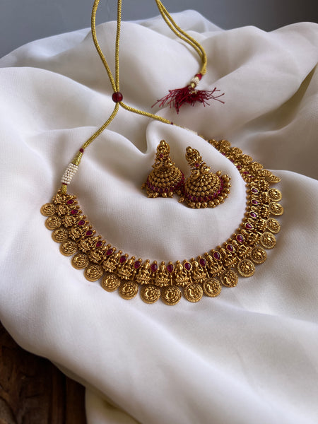 Lakshmi kemp coin necklace with Jhumkas