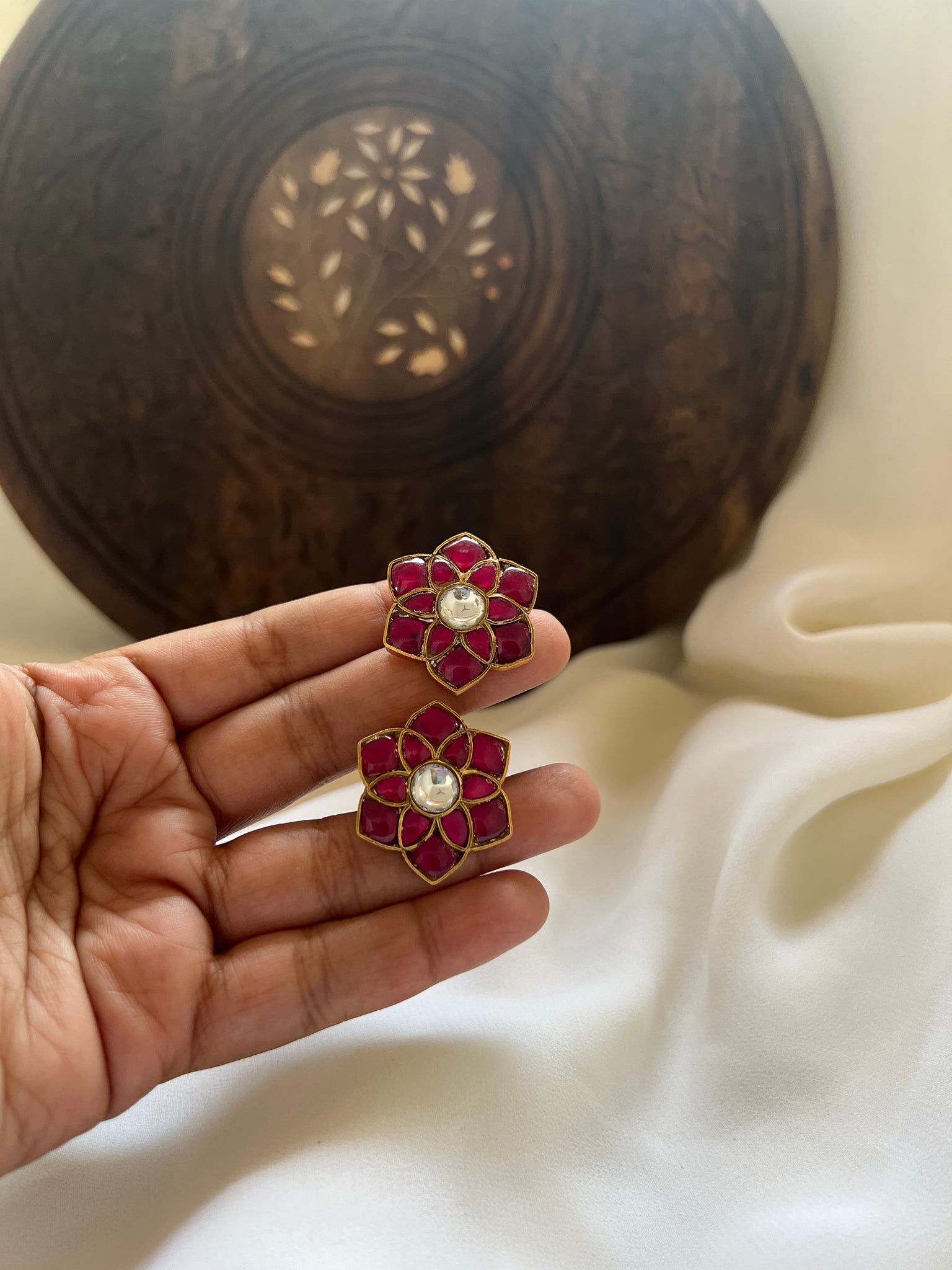 Kundan flower ruby silver studs
