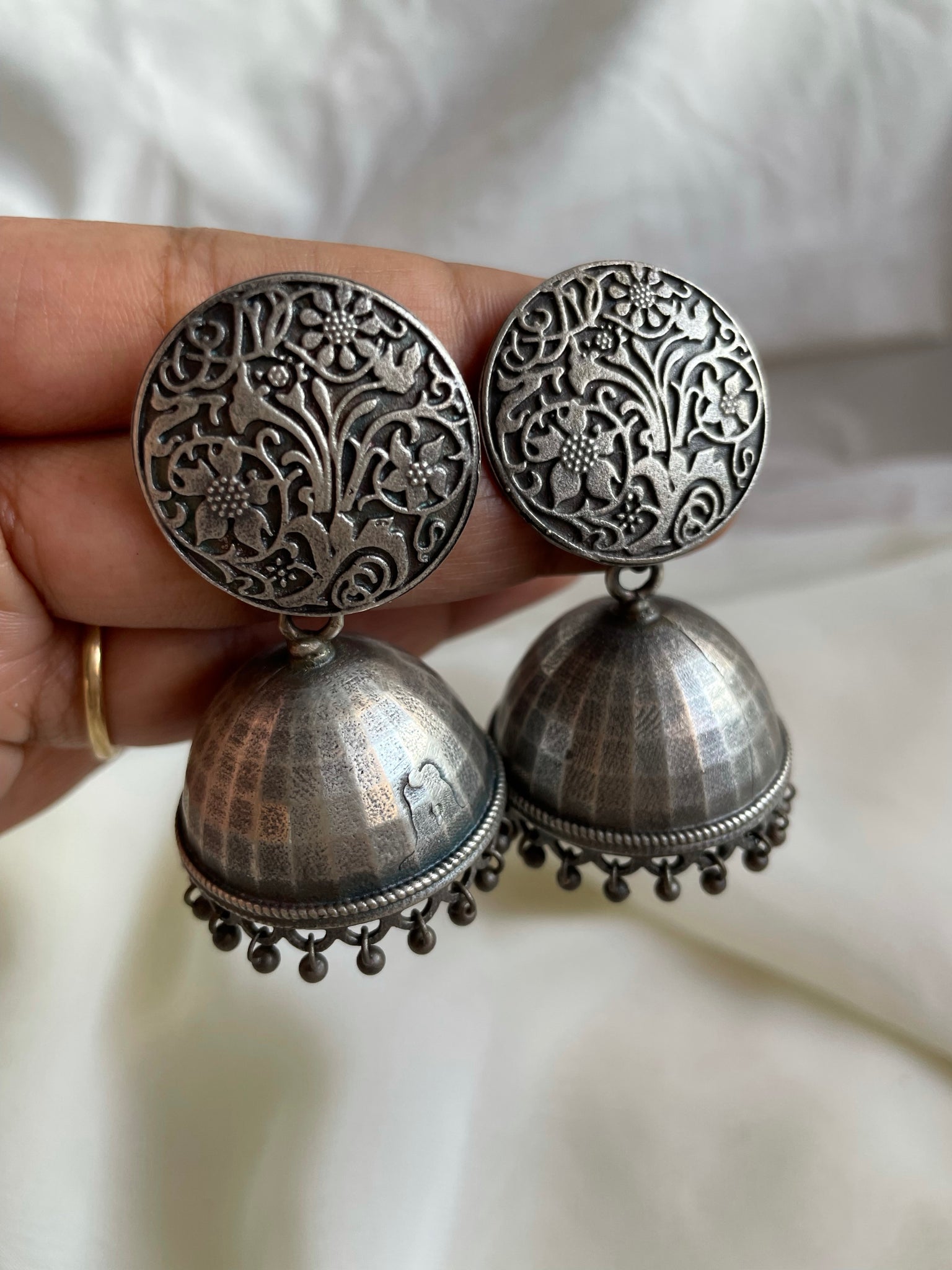 Floral carved stud Jhumkas