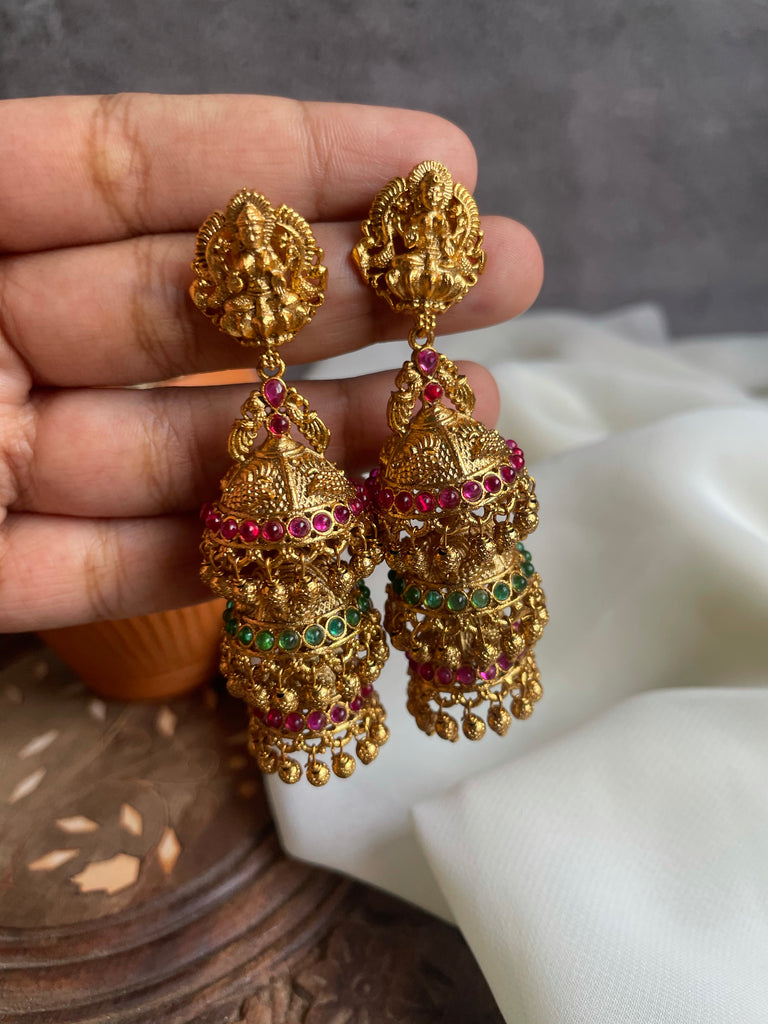 Jhumka Earrings | Gold plated multi layer Jhumkas | American Diamond R –  Indian Designs