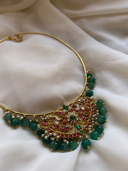 Dual peacock Kundan pendant hasli with pumpkin beads
