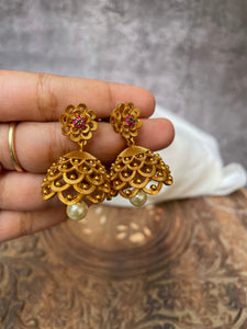 Small cutwork jhumkas with ruby flower