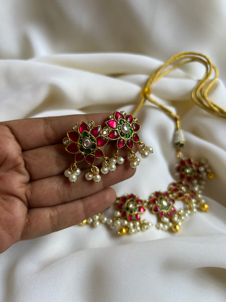 Kundan lotus necklace with studs