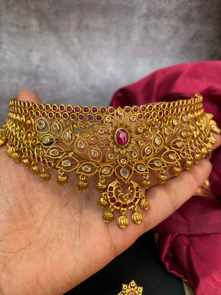 Ruby cutwork antique full neck choker with earrings