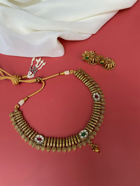 Kundan antique leaf necklace with Jhumkas