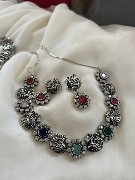 Oxidised stone Mayil necklace with studs