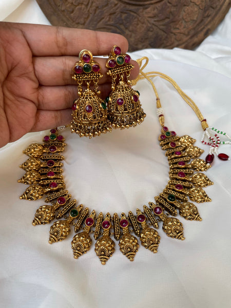 Ruby antique gold like necklace with Jhumkas