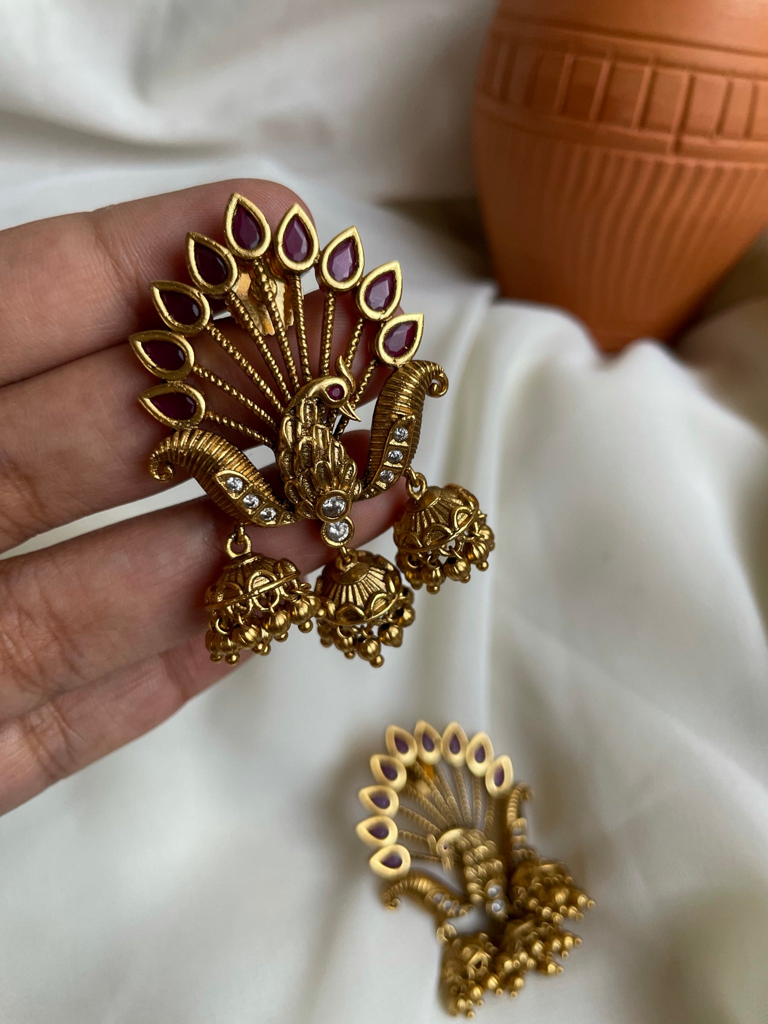 Triple peacock kemp jhumkas