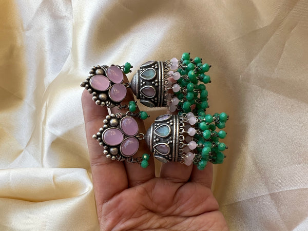 Colourful stone oxidised Jhumkas